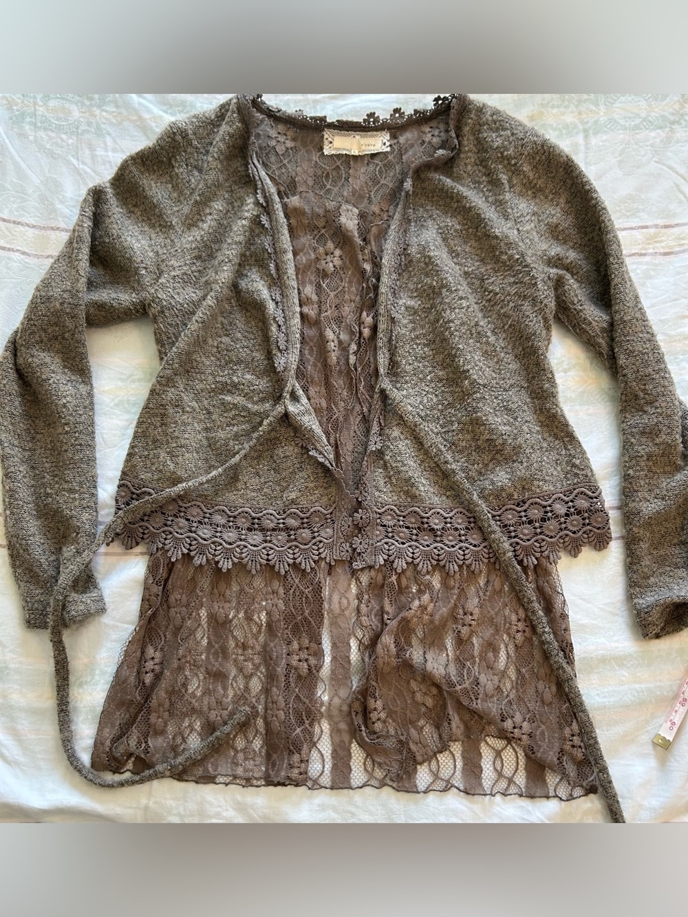 A'Reve Taupe Lace-Trim Open Front Cardigan EUC